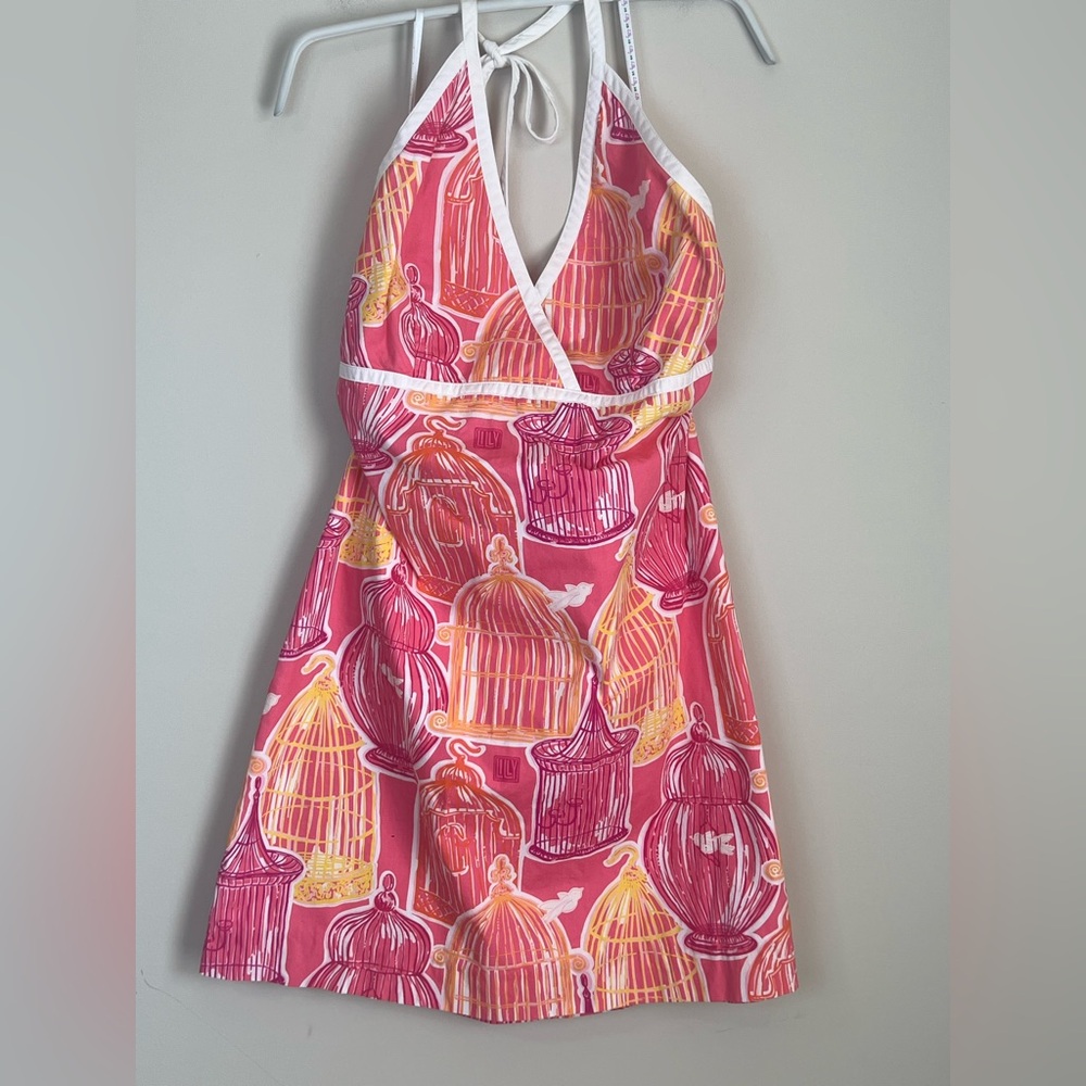 Vintage Lilly Pulitzer Pink Multi Birdcage Halter Mini Dress